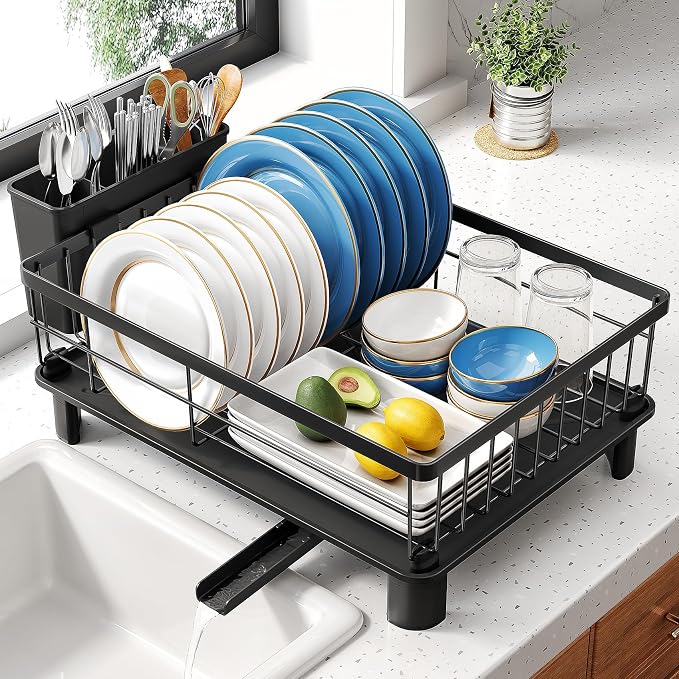 SNTD Dish Drying Rack for Small Kitchen Counter, 12.9" W x 16.9" L, Black | Space Saving, Rotating Spout & Angled Drainboard for Quick Drainage, Stainless Steel, Removable Utensil Holder by SNTD
