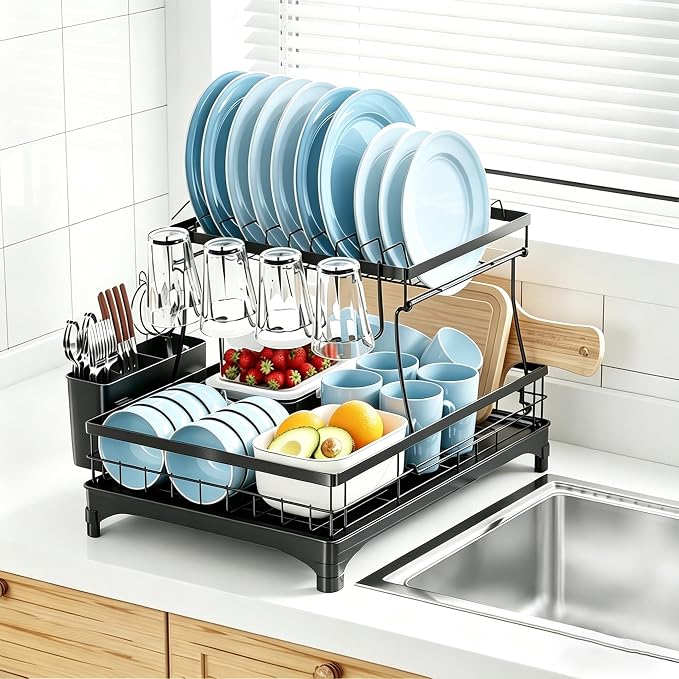 Simple Trending Dish Drying Rack, 2-Tier with Utensil Holder, Black | Stainless Steel Dish Rack for Kitchen Counter, Large Capacity Dish Drainer Organizer, Automatic Drainage, 17"D x 12"W x 15"H by SimpleTrending
