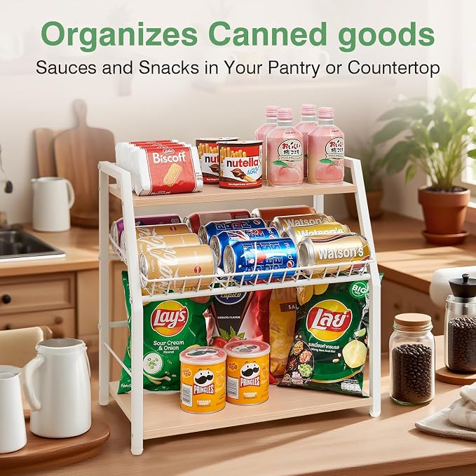 Kitchen Countertop Organizer, Snack Organizer Candy Display Stand Coffee Station Organizer, 3 Tier Wooden Counter Storage for Soda Cans Condiment Tea, for Pantry Office Bathroom, White (White) - Image 6