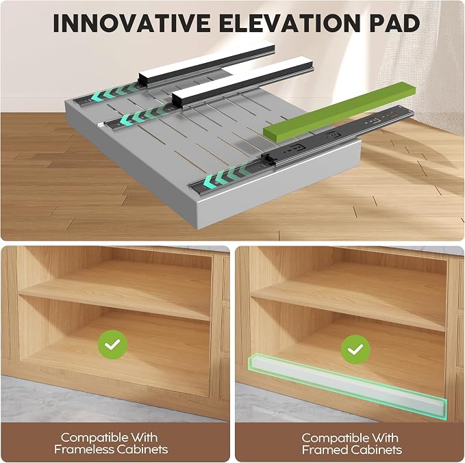 Seinloes 2 Pack Pull Out Cabinet Organizers 21"Deep with Raising Pad for Framed Cabinets,Expandable Slide Out Drawers Upgrade 3 Slide Rails,Roll Out Shelves Adhesive,Adjustable Width 12"-20.45" Silver - Image 2