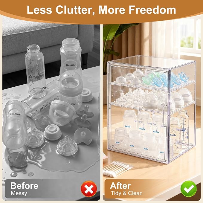 ERTIUANIO Baby Bottle Organizer – 3 Tier Bottle Storage Organizer Baby for Nipples, Pump Parts, Food Jars – Clear Acrylic Bottle Station Organizer for Countertop and Kitchen, Gifts for New Mom - Image 3