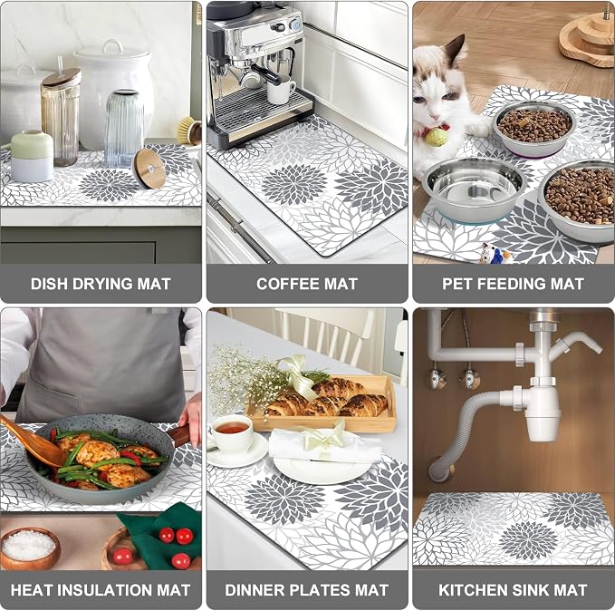 Findosom 2PCS 17" x 32" Dish Drying Mat & 24" x 5.5" Sink Splash Guard, Super Absorbent & Cuttable Dish Mat Drying Kitchen Mat with Gray Floral, Hide Stain Drying Mat for Kitchen Counter - Image 6