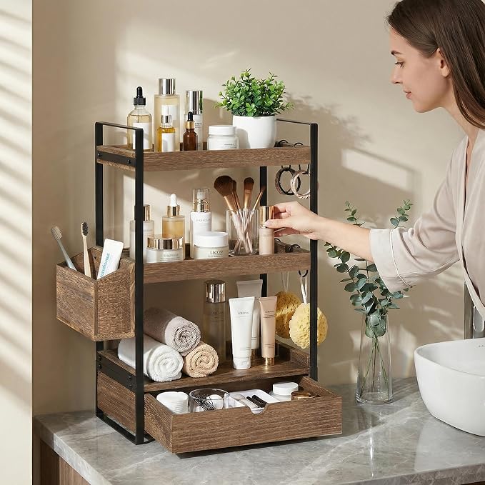 3-Tier Bathroom Counter Organizer with Drawer Basket and Hooks, Wood Bathroom Organizers and Storage for Countertop, Farmhouse Dark Brown Countertop Organizer, Counter Shelf for Vanity, Kitchen,Office - Image 2