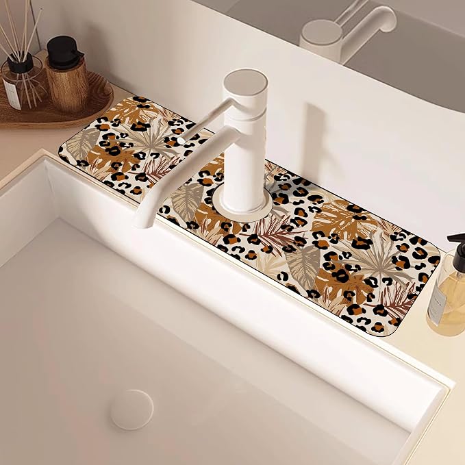 Kitchen Faucet Mat Brown Tropical Palm Leaf Sink Splash Guard Behind Faucet Draining Mat Kitchen Accessories Non-slip Easy to Clean for Bathroom & Kitchen 15"X5.5" - Image 5