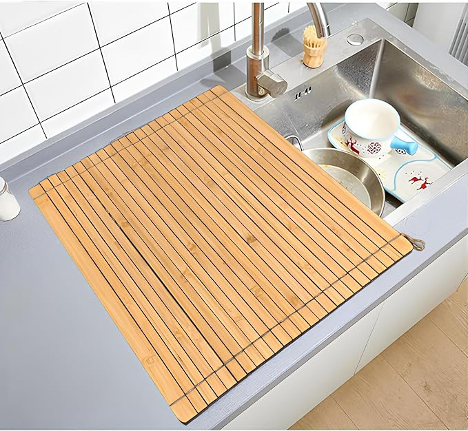 Over Sink Drainer Rack, Bamboo Roll up Dish Drying Rack Multipurpose Dish Drainer Counter Space, Over The Sink Dish DryingRack for Draining Dish, Glass, Vegetables, Fruits - Image 2