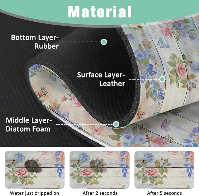 Kitchen Sink Splash Guard Faucet Mat 15" X 5.5" Wooden Floral Absorbent Fast Drying Mat Faucet Draining Mat Sink Splash Guard Behind Faucet Drip Catcher for Kitchen Bathroom - Image 3