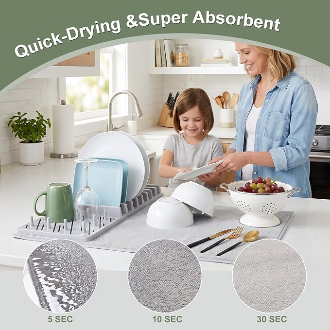 2-in-1 in Sink Dish Drying Rack with Dish Drying Mat,Collapsible Dish Drying Rack with Mat,Space-Saving Dish Rack for Kitchen Counter,Quick Dry Dish Drainers for Kitchen Sink (Grey White) - Image 3