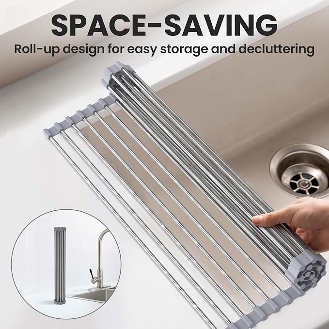 Sink Drying Rack, 17.5" X 11.8", Kitchen Sink Roll Up Drying Rack, Gray - Image 5