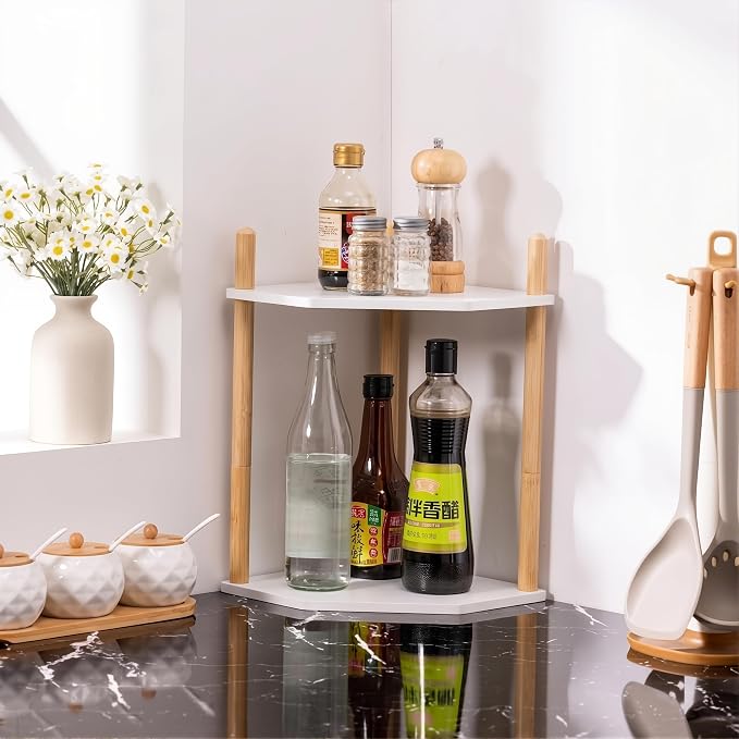 2-Tier Extra Tall Bamboo Corner Shelf, Kitchen Countertop Wine Bottle Organizer, Corner Counter Storage Rack for Pantry, Spice & Wine Organizers and Storage - Image 2