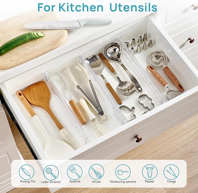Vtopmart 2.36" Short Upgrade Drawer Dividers 12.8"-22.3" Expandable 12 Pack | Adjustable Kitchen Drawer Organizer, Clear Plastic Separator for Flatware, Utensils, Cutlery, Underwear Storage, Space Saving - Image 4