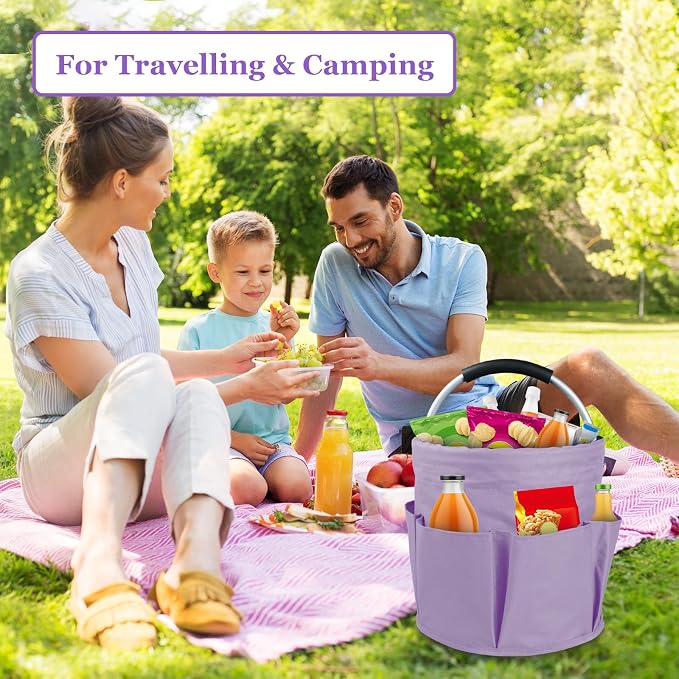 2Pcs 17L Collapsible Cleaning Supplies Caddy with Handle for Travel, Purple | IHOMAGIC 6-Pocket 600D Oxford Shower Caddy & Storage Organizer, Portable Tote for Cleaning Gardening - Image 8