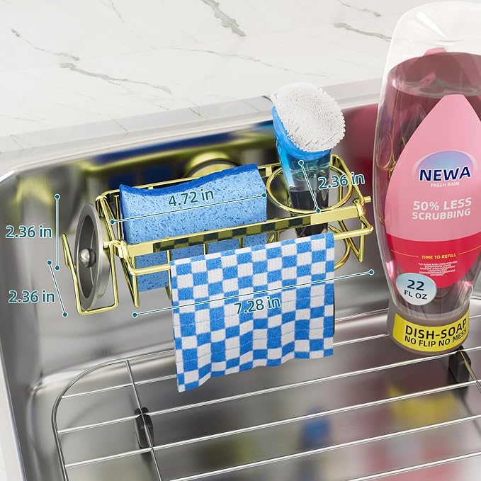 TAILI 4-in-1 Sink Caddy for Kitchen Sink with Strong Suction Cup-Gold | Removable Sponge Holder for Kitchen Sink Organizer, Rustproof 304 Stainless Steel Holder for Sponge, Brush, Scrubber, Scraper - Image 3