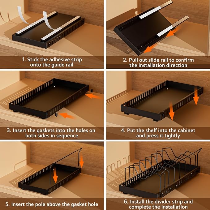 Black Pull Out Pot Lid Organizer, Cabinet Pan Rack, 10 Dividers | 2-pack black carbon steel rack, 16 adjustable dividers, quiet slide rails, adhesive or screw mount for lids, pans, bakeware - Image 3
