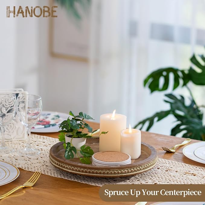 Hanobe Lazy Susan Centerpiece Tray, Round Wooden Turntable Organizer, Brown | 12" Home Decor with Beaded, for Dining Table Kitchen Counter Coffee Table - Image 2