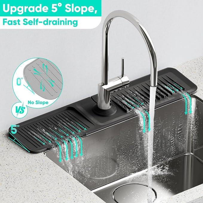 24 Inch Longer Faucet Mat for Kitchen Sink, 5° Slope Fast Self-draining, Kitchen Sink Splash Guard Silicone Sink Faucet Mat Splash Guard Kitchen Sink Area Tidy Splash Faucet Guard Draining Mat - Image 2