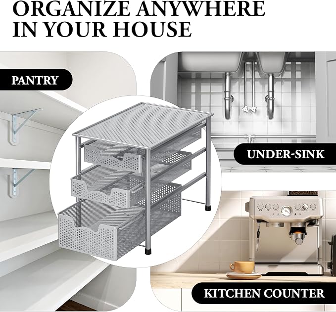 Simple Houseware Stackable 3 Tier Sliding Basket Organizer Drawer, Silver (Pack of 2) - Image 8