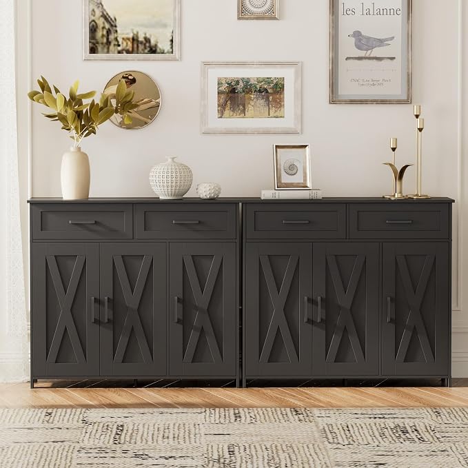 Homhedy Coffee Bar Storage Cabinet with Drawers, Kitchen Buffet Cabinet | Sideboard Cabinet with Doors, Farmhouse Buffet Cabinet, Adjustable Shelves, for Kitchen / Dining / Living Room, Black - Image 8