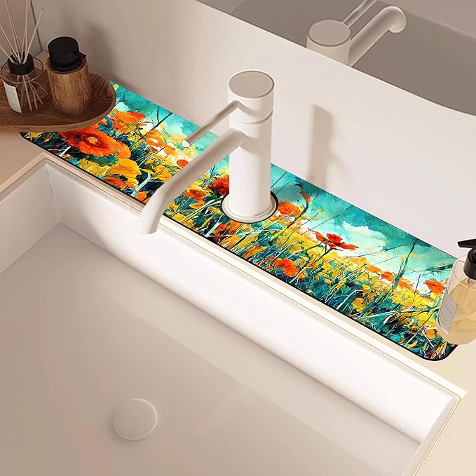 Kitchen Faucet Mat Floral Abstract Oil Painting Sink Splash Guard Behind Faucet Draining Mat Kitchen Accessories Non-slip Easy to Clean for Bathroom & Kitchen 24"X5.5" - Image 5