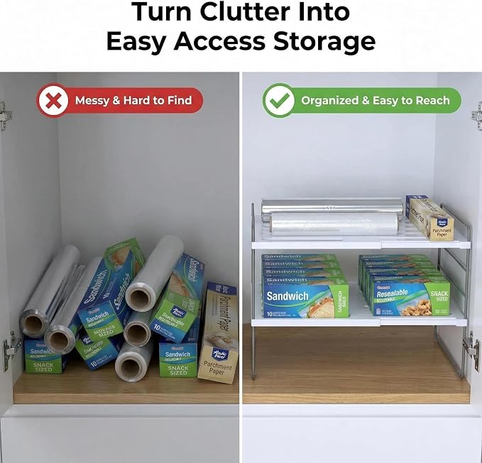 YAN & HIN 2 Pack Expandable Cabinet Organizer Shelf, 3-Tier Kitchen Cabinet Organizer for Tupperware & Food Container Storage, Adjustable Pantry Shelf Organizer for Bottles, Lids & Countertop - Image 2