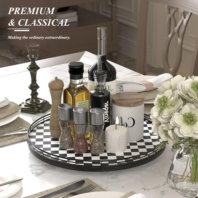 AMH 16-Inch Black and White Checkerboard Lazy Susan Decorative Tray | Smooth rotating oak tray with walnut finish for dining tables, kitchen counters, pantries and cabinet storage. - Image 3