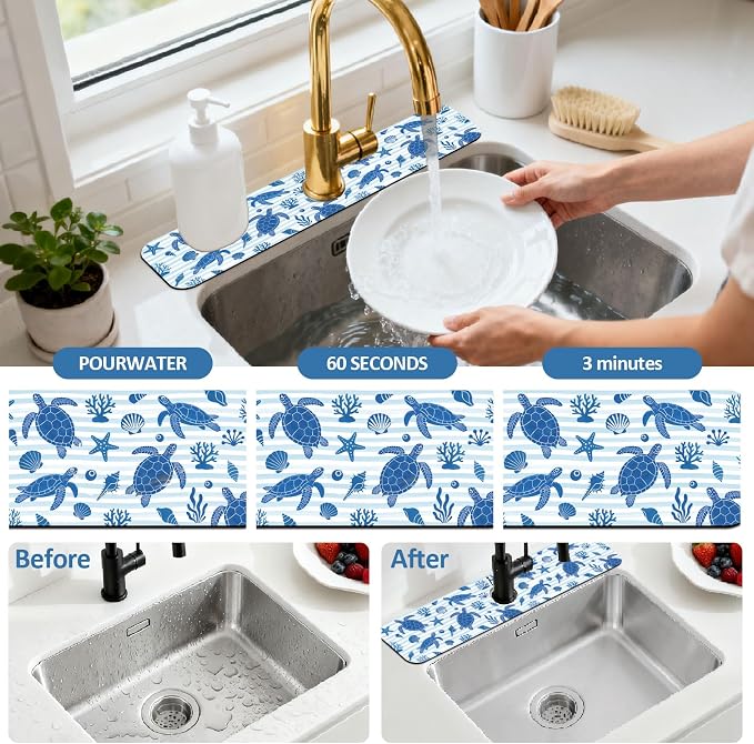 2 Pcs Kitchen Sink Splash Guard Faucet Mat Marine Elements Faucet Mat for Sinks Turtle Pattern Absorbing Drying Mats for Kitchen Bathroom, 23.6x5.5inch - Image 5