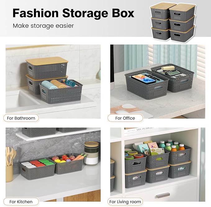 Ohmlove 6 Pack Plastic Storage Baskets with Bamboo Lids for Organization | Stackable Storage bins, Storages Baskets for Organizing Shelves Drawers Desktop Closet Playroom Classroom Office,Gray - Image 7