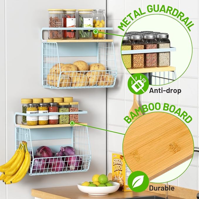 Magnetic Shelf for Fridge with Wood Lid, Fruit Potato and Onion Storage Bins, Pantry Organizers & Storage, Large Container Magnetic Spice Rack for Refrigerator, Kitchen Counter, Cabinet (Blue, 2) - Image 2