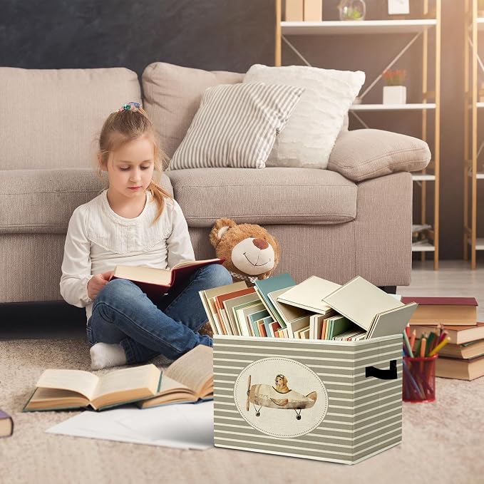 Rustic Golden Retriever Airplane Storage Bins Boxes with Handles | toys books clothes, grey striped nursery foldable basket for organizing bedroom toddler room playroom - Image 5