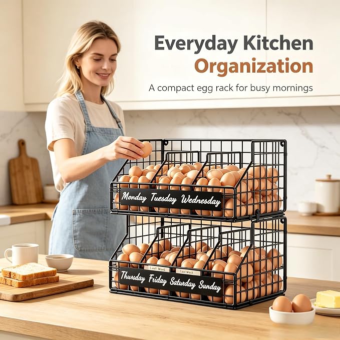 Egg Holder Countertop, 2 Tier Chicken Egg Basket for Gathering Fresh Eggs | Egg Storage Organizer with Adjustable 5 Dividers & Label, Stackable Wall Mounted Egg Collecting Basket Rack, Black - Image 3