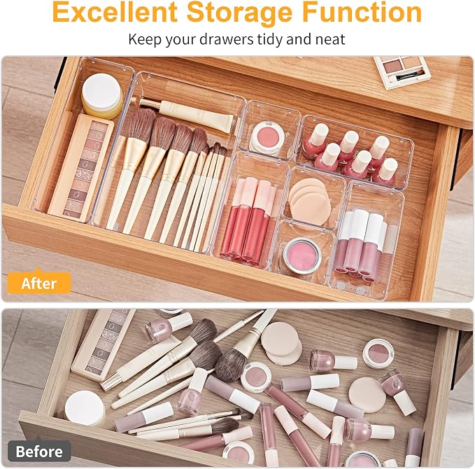 SMARTAKE 28 Piece Drawer Organizers with Non-Slip Silicone Pads, 4-Size | Clear Desk Bathroom Drawer Organizer Trays Storage Tray for Makeup, Jewelry, Utensils in Bedroom Dresser, Office and Kitchen - Image 4