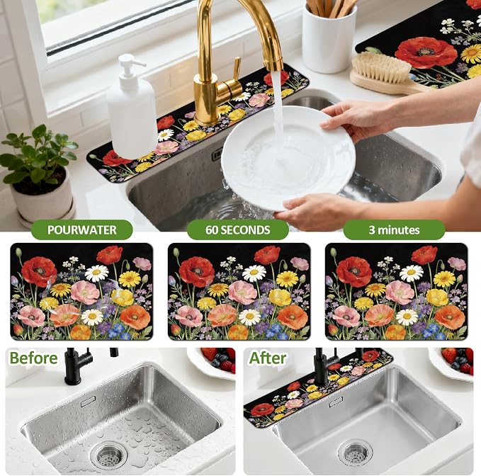3 Pcs 2 Size Kitchen Sink Splash Guard Faucet Mat Wildflower Pattern Faucet Mats for Sinks Colorful Flower Absorbing Drying Mat for Kitchen Bathroom - Image 4