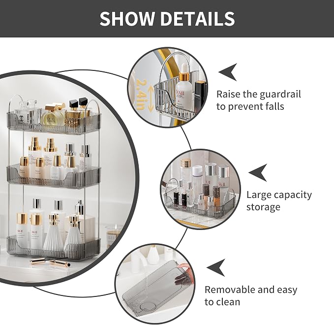 Akinbas 3 Tier Bathroom Organizer Countertop Makeup Perfume Tray Skincare Organizer for Bathroom Dresser Vanity (Grey) - Image 6