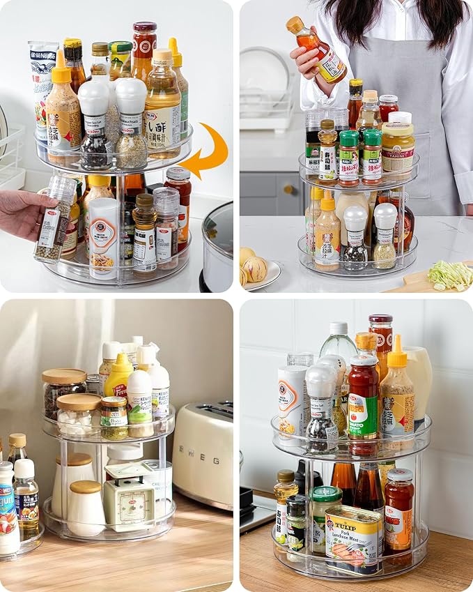 2-Tier Lazy Susan Organizer, Clear PET Rotating Tray 11-Inch | Double Layer Vertical Storage Rack for Kitchen Pantry or Bathroom Vanity, Smooth 360 Spin Access with 1.6 In Anti Drop Edges - Image 2