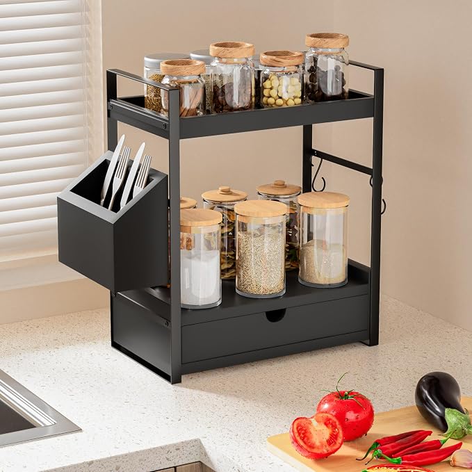 2-Tier Bathroom Counter Organizer, Wooden Vanity Shelf with Drawer & Basket | Pre-Drilled Holes, Skincare & Makeup Countertop Organizer and storage, Black - Image 6