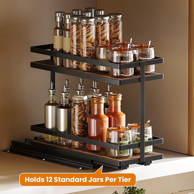 Pull Out Spice Rack 4Pcs Metal & Wood Seasoning Organizer Black | No-Drill Install | Full-Extension Silent Glide | Each Tier Holds 10–12 Standard Spice Bottles | Rustproof, Wipe-Clean Surface - Image 8