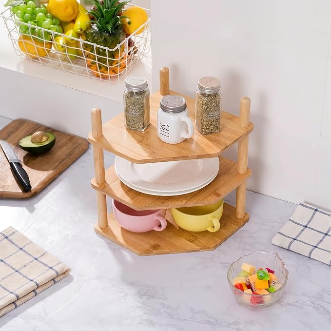 3-Tier Bamboo Corner Shelf, Kitchen Countertop Storage Organizer, Cabinet Plate Rack for Pantry Organization, Bathroom, Desktop, 9.4 x 9.4 x 11.4 Inch - Image 2
