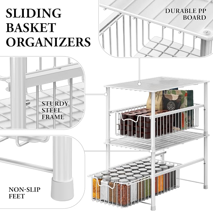 Simple Houseware Wired Stackable Under Sink Cabinet Sliding Basket, White | Free Standing Organizer Drawer, Kitchen/Pantry/Cabinet/Counter - Image 4
