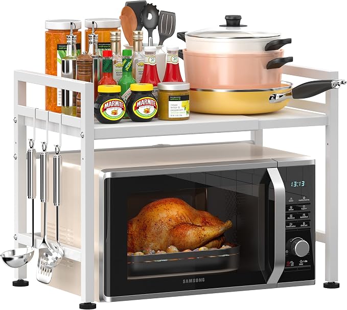 PUSDON Expandable Microwave Oven Rack, 2-Tier Countertop Baker's Rack Style Shelf, Heavy Duty Carbon Steel Stand with 3 Hooks, 160lbs Capacity Modern Kitchen Organizer, White - Image 7