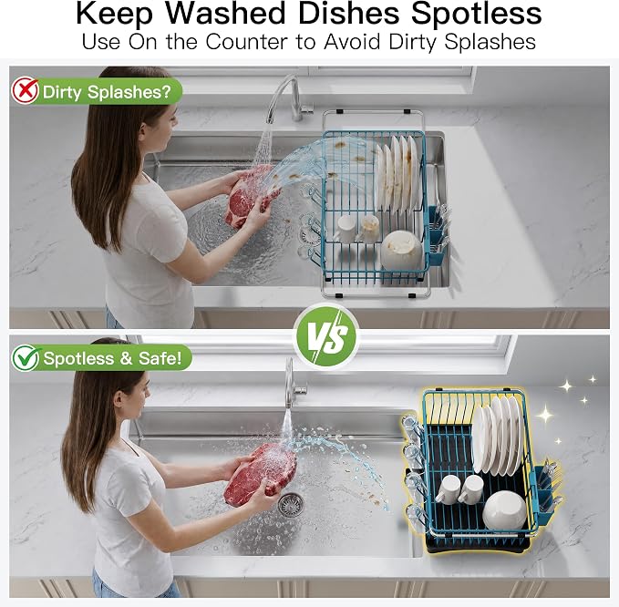 JASIWAY Blue Dish Drying Rack in Sink with Drainboard and Utensil Holder | Use Over the Sink or Counter, Stainless Steel Expandable Dish Drainer for Small Kitchen, Space Saving, Fast Drain, Rustproof - Image 4