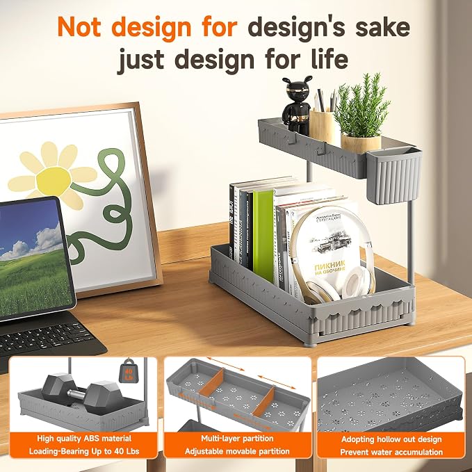 3-Pack 2-Tier L-Shaped Under Sink Organizers with Sliding Drawers | Multi-use kitchen & bathroom storage, 12.85 inch grey cabinet organizer, space-saving sliding drawer design. - Image 5