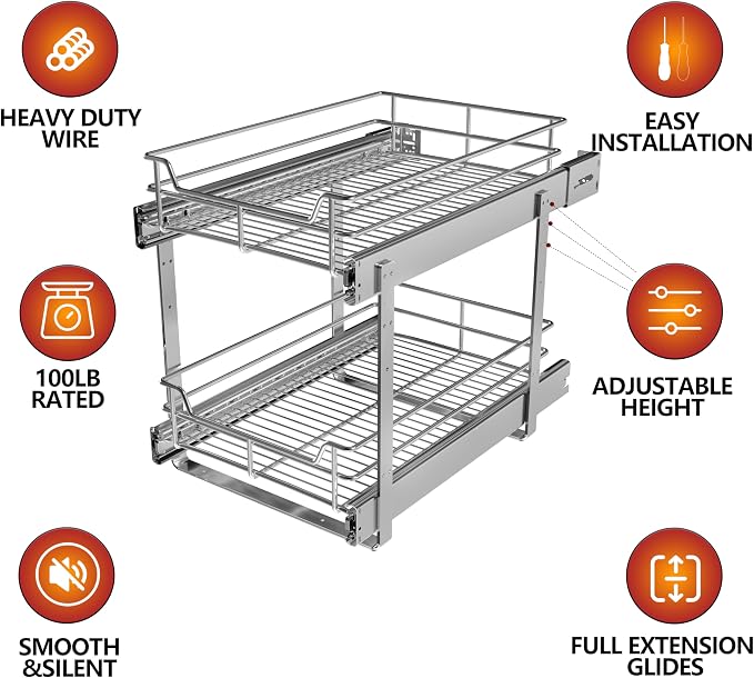 2-Tier Cabinet Pull Out Shelves, 20" W x 22" D, Chrome | Heavy-Gauge Wire Kitchen Cabinet Organizer, 100 lbs Capacity, Ball-Bearing Glides, Min 21" Opening, Pots & Pans Organizer - Image 3