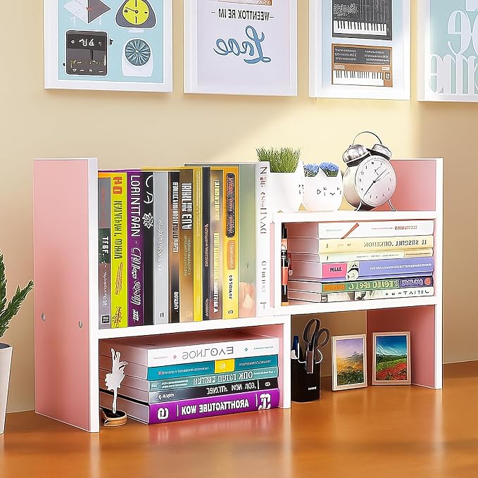 Desktop Shelf Organizer, Adjustable Wood Office Storage Rack, Counter Display Small Bookshelf for Home/Office/School(Pink) by IUSEIT