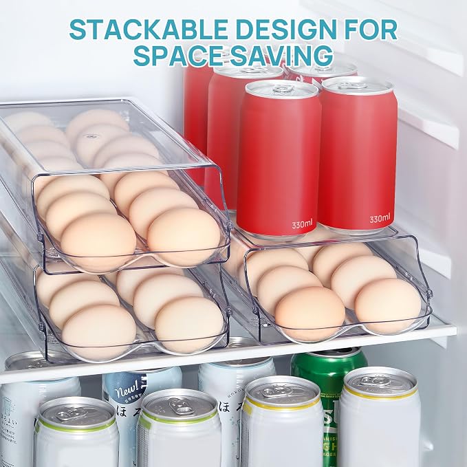 Vtopmart 1 Pack Egg Holder for Fridge, Automatic Rolling Egg Container | Stackable Clear 14-Count Eggs Organizer with Removable Inner Tray, Egg Storage for Refrigerator, Space Saving - Image 6