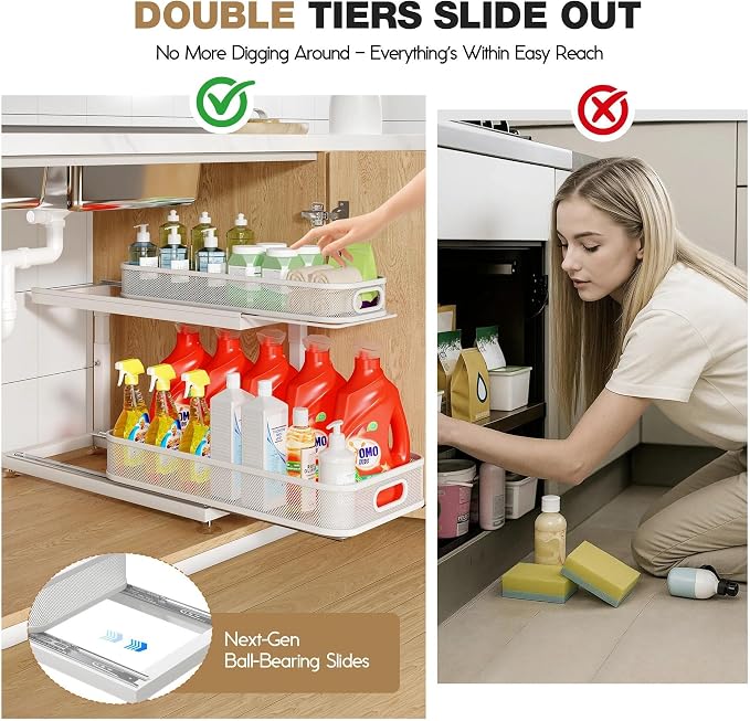2-Pack 18.5 IN Depth Under Sink Organizer With Next-Gen Ball-Bearing Slides,Sophisticated Mesh 2-Tier Pull Out Shelf for Kitchen & Bathroom,Fits Small Items-White(Patented) - Image 4