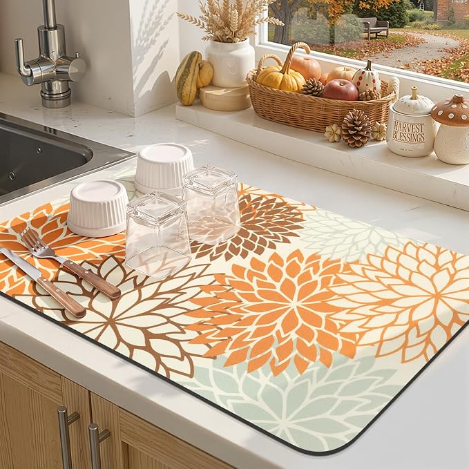 Findosom Fall Dish Drying Mat, 12" x 20" Super Absorbent Dish Mat with Floral, Hide Stain Drying Mat for Kitchen Counter, Under Dish Rack, Coffee Maker, Espresso Machine, Orange - Image 7