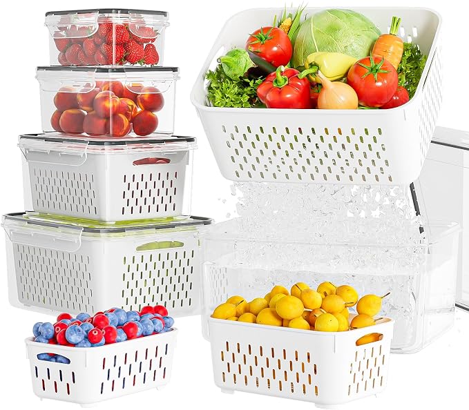 KEMETHY 5 Pack Fruit Storage Containers for Fridge with Removable Colanders - Food Storage Containers with Lids, BPA-Free Produce Containers Keep Fruits, Vegetables, Berry, Meat Fresh Longer by KEMETHYFocusesonCreatingEfficientStorageProductswithQualityMaterials