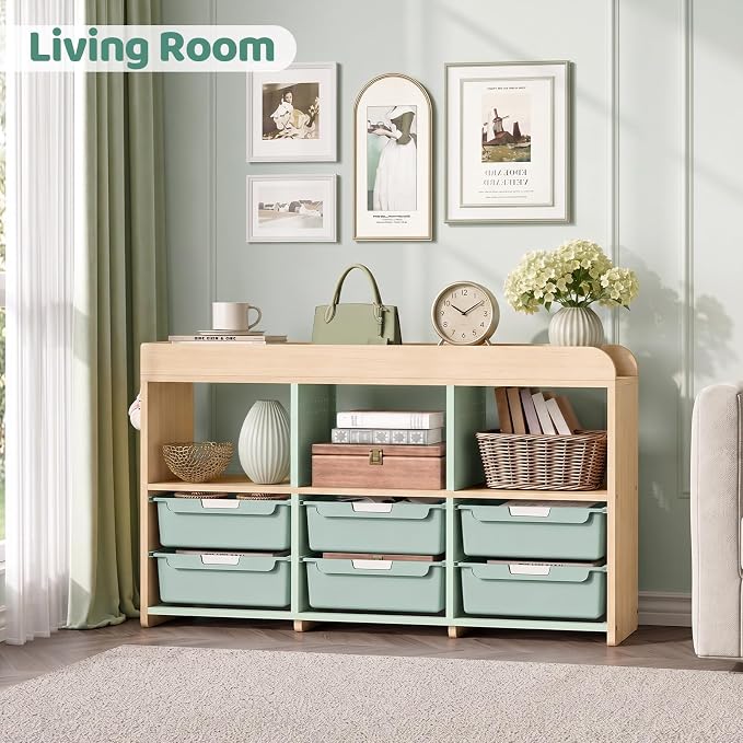 Toy Storage Organizer with 6 White Bins - Wooden Playroom Storage Cabinet for Toys, Books & Art Supplies, Green - Image 7