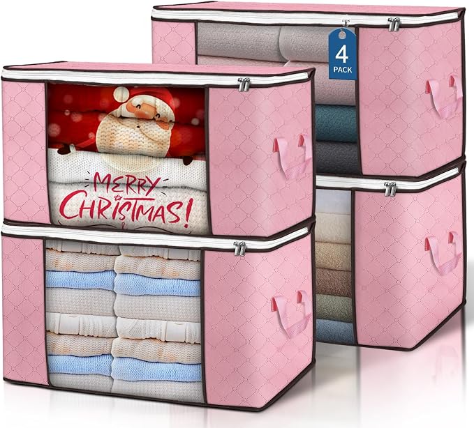 90L Large Storage Bags, 4 Pack Clothes Storage Bins Closet Organizers | Foldable Storage Containers, with Reinforced Handle, for Clothing, Blanket, Comforters, Bed Sheets, Pillows and Toys by BuddingJoy-BuildaJoyfulLifeforYou