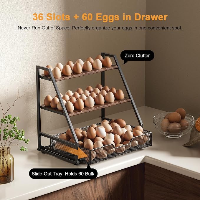 3-Tier Wooden Egg Holder with Basket, Holds 130+ Eggs | Sturdy wooden egg holder, holds 36+90 eggs, carry handle for easy gathering & transport. - Image 3