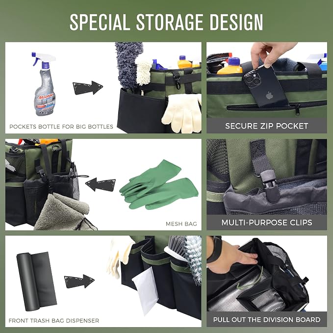 SCAVATA Wearable Cleaning Caddy Organizer with Handle & Shoulder Straps for Housekeepers, Under Sink & Car Cleaning Tool Organizer Bag with 4 Foldable Dividers (Green) - Image 2